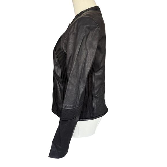 Tory Burch Leather Suede Trim Collarless Full Zip Jacket Black Size 6 - Picture 2 of 9